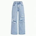 thumbnail image 1 of TOWED22 Teen Girls Elastic Waist Cool Ripped Jeans Washed Denim Wide Leg Ripped Denim Jean Baggy Jeans for Girls(Light Blue,7-8 Y), 1 of 7