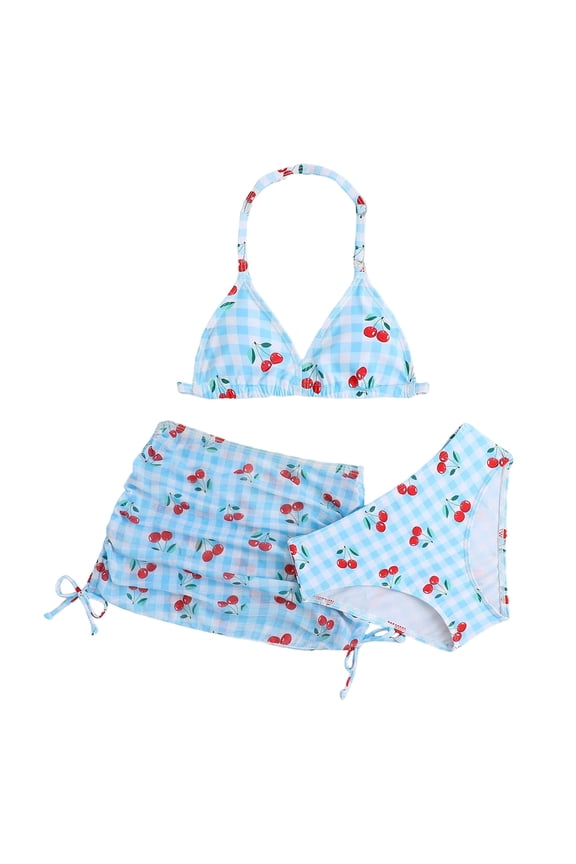 Teen Girls Swimsuit 3 Piece Bathing Suits Flower Print Bikini Tankini Set Quick Dry with Swim Cover Up Blue,9-10 Y