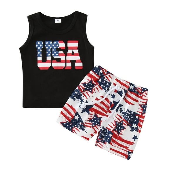 TOWED22 Toddler 4th of July Outfit Boy Stars and Stripes Sleeveless Tank Top Shorts Set Fourth of July Clothes（Z18-Black,3-6 M）