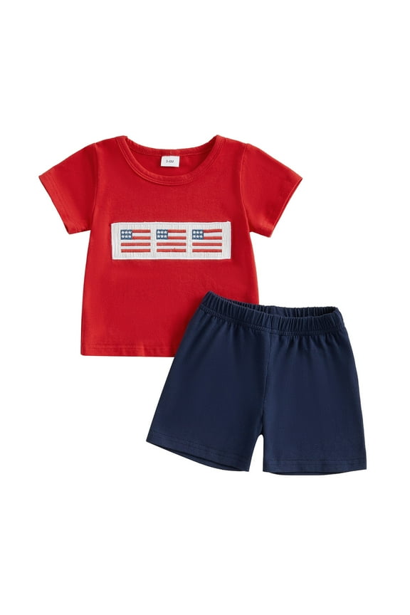 Toddler Baby Boy 4th of July Outfit American Flag Embroidery T-shirts Independence Day Summer Shorts Set(Red,3-4 Y)