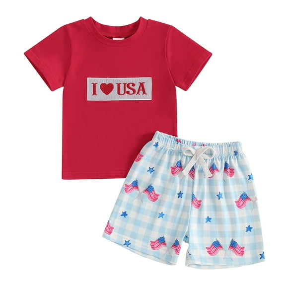 TOWED22 Toddler Baby Boy 4th of July Outfit Short Sleeve American Flag Smocked T-shirt Elastic Waist Shorts Summer Clothes(Red,12-18 M)