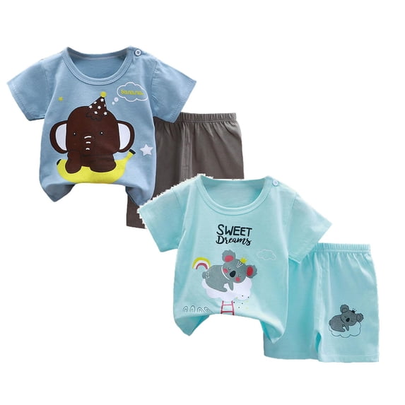 TOWED22 Toddler Baby Boy Clothes 4 Pieces Summer Outfit Cute Short Sleeve T-Shirt Tops Shorts Clothes Sets Kid Graphic Clothing(Sky Blue & Light Blue,9-18 M)