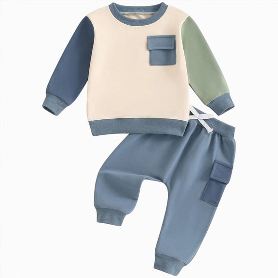 TOWED22 Toddler Baby Boy Clothes Color Block Long Sleeve Sweatshirt Pullover Tops + Solid Pants Spring Fall Winter Outfits,Sky Blue,6-12 M