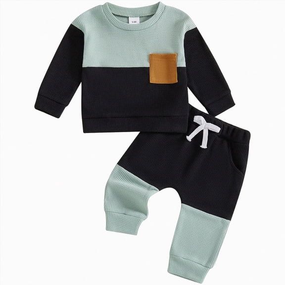 TOWED22 Toddler Baby Boy Clothes Fall Winter Fleece Outfits Color Block Sweatshirt & Jogger Pants,Black,12-18 M