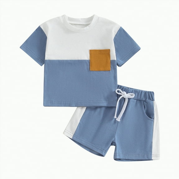 TOWED22 Toddler Baby Boy Clothes Set Letter Print Short Sleeve Crewneck T-Shirt Solid Color Shorts Set 2Pcs Summer Outfits(Blue,12-18 M)