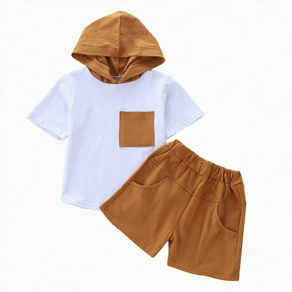 TOWED22 Toddler Baby Boy Clothes Summer Outfits Short Sleeve Solid Elastic Sweatshirt and Shorts 2 Piece Sweatsuit Set(Brown,1-2 Years)