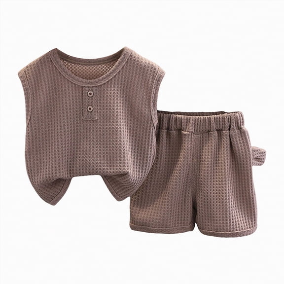 TOWED22 Toddler Baby Boy Clothes Summer Outfits Sleeveless Waffle-Knit Tank Tops T-Shirt Casual Shorts 2Pcs Clothing Set(Coffee,12-18 M)
