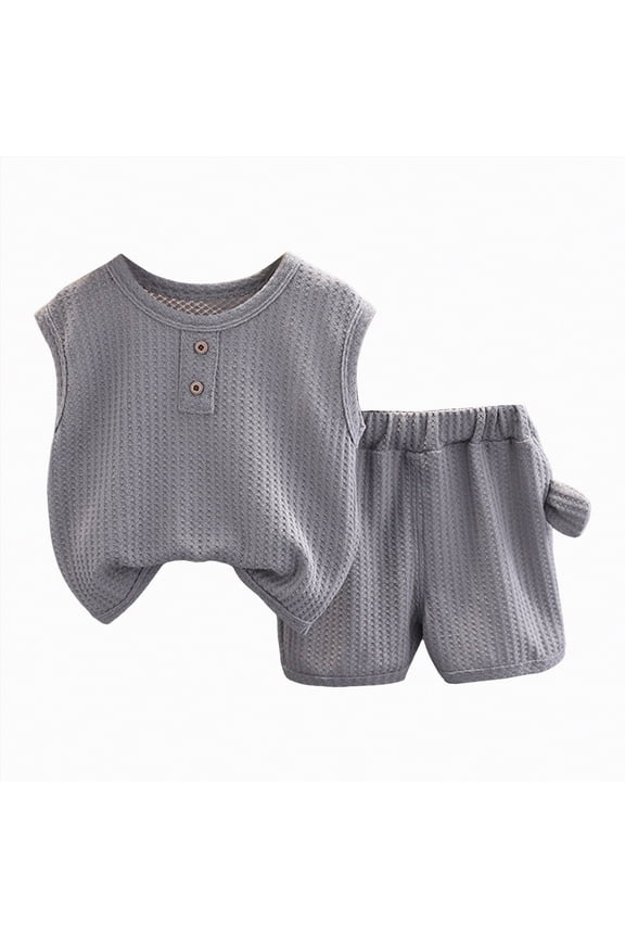 Toddler Baby Boy Clothes Summer Outfits Sleeveless Waffle-Knit Tank Tops T-Shirt+Casual Shorts 2Pcs Clothing Set(Grey,12-18 M)