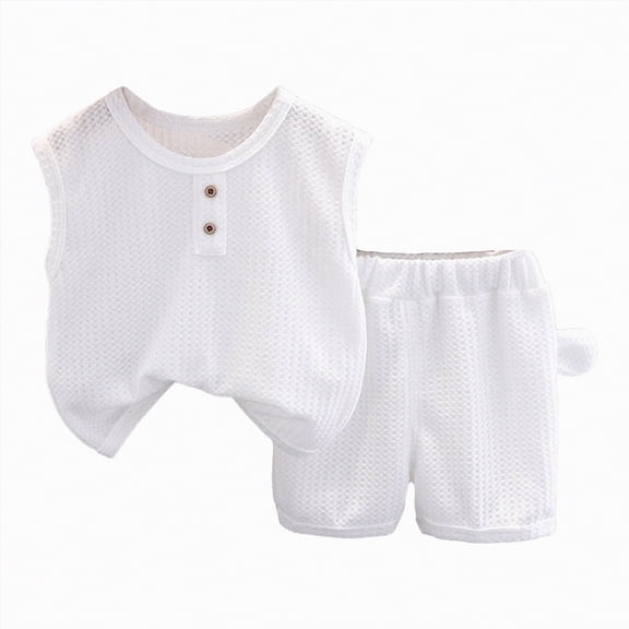 TOWED22 Toddler Baby Boy Clothes Summer Outfits Sleeveless Waffle-Knit Tank Tops T-Shirt Casual Shorts 2Pcs Clothing Set(White,12-18 M)