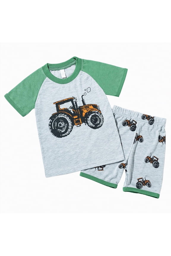 Toddler Baby Boy Clothes Summer Short Sleeve Truck Print T-Shirt Tops Solid Color Shorts Set 2Pcs Casual Outfit(Green,7-8 Years)