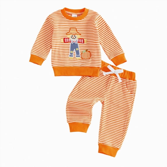 TOWED22 Toddler Baby Boy Girl Halloween Clothes Striped Embroidery Oversized Long Sleeve Sweatshirt Pants Set 2Pcs Outfit,Orange,0-6 M
