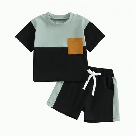 TOWED22 Toddler Baby Boy Girl Outfit Summer Outfits 6 12 18 24 Months Patchwork Short Sleeve T Shirt & Shorts Sets with Pockets(Black,12-18 M)