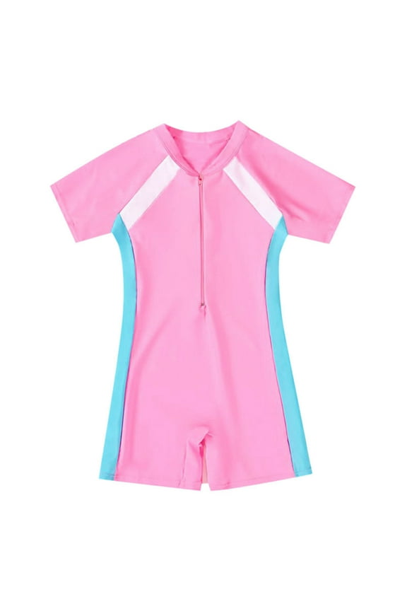 Toddler Baby Boy Girl Swimsuit Checkered One Piece Swimwear Short/Long Sleeve Zipper Rash Guard Beach Bathing Suit(Red,5-7 Y)