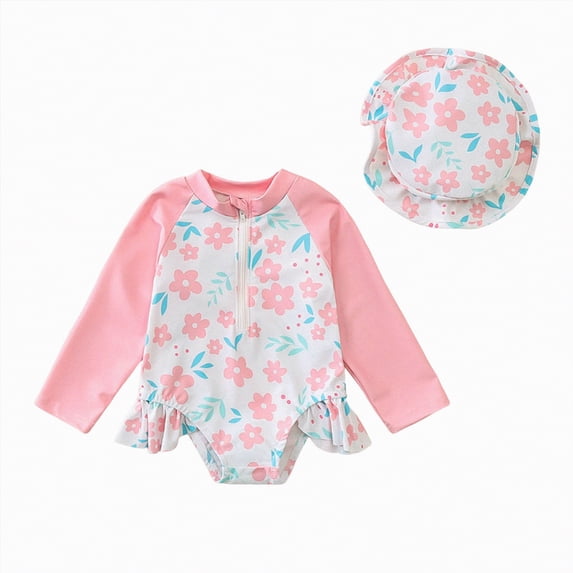 TOWED22 Toddler Baby Boy Girls One Piece Swimsuit Long Sleeve Zipper Bathing Suit Infant Rash Guard Swimwear Pink,6-9 M