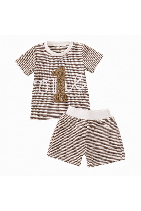 Toddler Baby Boy Golf Outfits 2Pcs Summer Clothes Sets Embroidery Golf Car Short Sleeve Shirt and Striped Shorts Set(Brown,18-24 M)