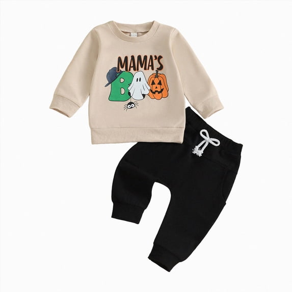 TOWED22 Toddler Baby Boy Halloween Outfit Ghost Pumpkin Print Crewneck Sweatshirt and Jogger Pants Set Fall Clothes,Beige,3-6 M