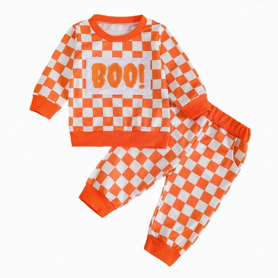 TOWED22 Toddler Baby Boy Halloween Outfit Long Sleeve BOO Embroidered Plaid Sweatshirt and Pants Set,Orange,19-24 M
