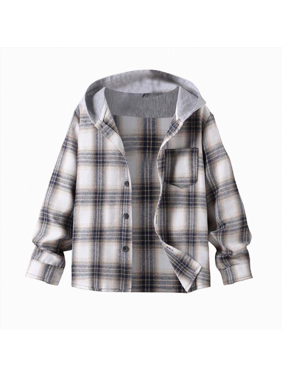 Toddler Baby Boy Long Sleeve Shirt Flannel Buffalo Plaid Shirts Button Down Jacket Top Outfit Fall Winter Clothes,Grey,8-9 Y