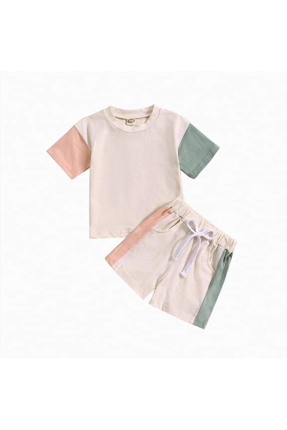Toddler Baby Boy Summer Clothes 2Pcs Color Block Short Sleeve T-Shirt and Matching Shorts Outfit Red,12-18 M