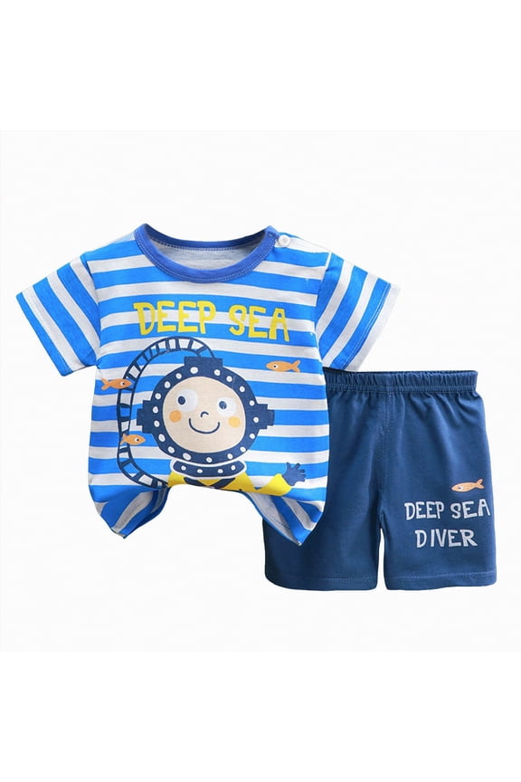 Toddler Baby Boy Summer Clothes 6 12 18 24 Months Short Sleeve Letter T Shirt Top Short Infant Newborn Baby Outfit(Blue,18-24 Months)