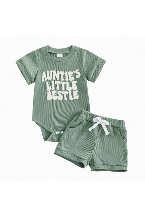 Toddler Baby Boy Summer Clothes Embroidered Waffle Short Sleeve T-Shirts Elastic Shorts Newborn Infant Boy Outfits Green,12-18 M