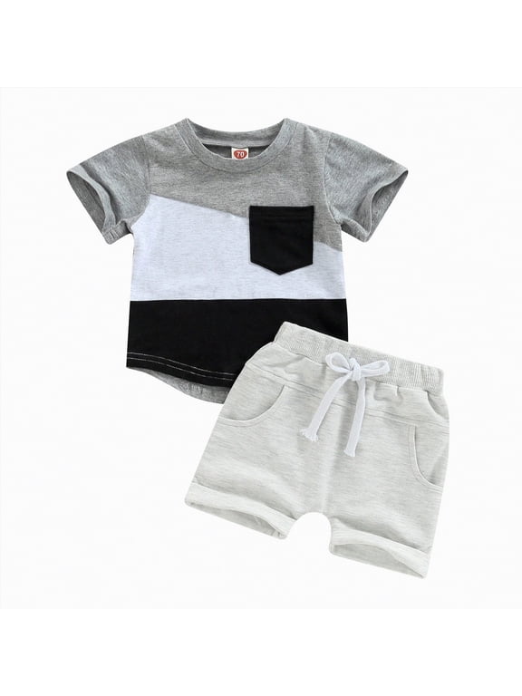 Toddler Baby Boy Summer Clothes Embroidered Waffle Short Sleeve T-Shirts Elastic Shorts Newborn Infant Boy Outfits(Grey,18-24 Months)