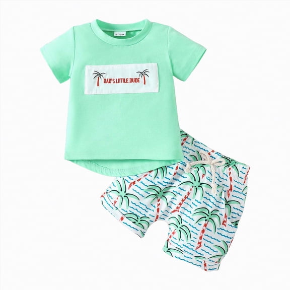 TOWED22 Toddler Baby Boy Summer Clothes Set Kid Summer Hawaiian Print T-Shirt   Elastic Waist Pockets Shorts Clothes Set(Green,2-3 Y)