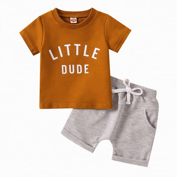 TOWED22 Toddler Baby Boy Summer Clothes Short Sleeve T Shirt Tops and Stretch Shorts Infant Boy Outfit(Coffee,0-6 M)
