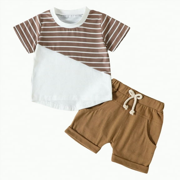 TOWED22 Toddler Baby Boy Summer Outfit Funny Letter T-Shirts Top Shorts Set Infant Boy Summer Clothes 6 12 18 Months 2T 3T(Brown,18-24 Months)