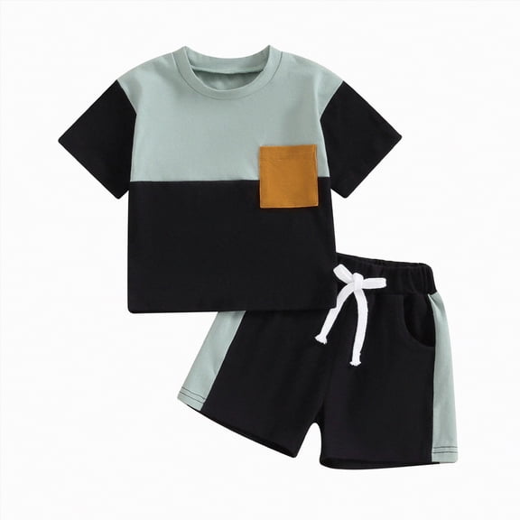 TOWED22 Toddler Baby Boy Summer Outfit Kids Cotton Printed Clothes Casual Short Sleeve Shirt Pants Set(Black,6-12 Months)