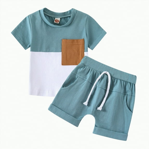 TOWED22 Toddler Baby Boy Summer Outfit Letter Print Short Sleeve T Shirt Tops Elastic Stripe Shorts Cute Infant Clothes(Light Blue,18-24 M)