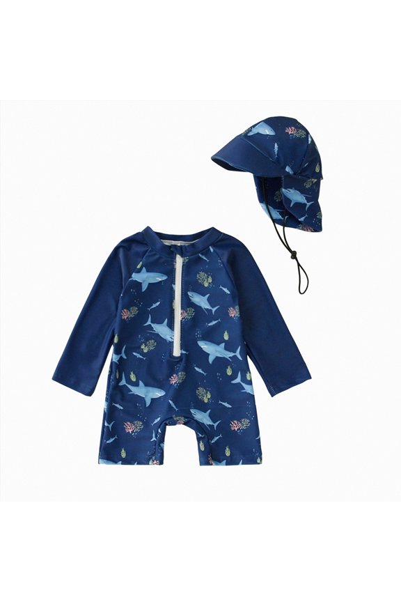 Toddler Baby Boy Swimsuit Long Sleeve Zipper One Piece Bathing Suit Rash Guard Sun Protection Swimwear with Hat Blue,12-18 M