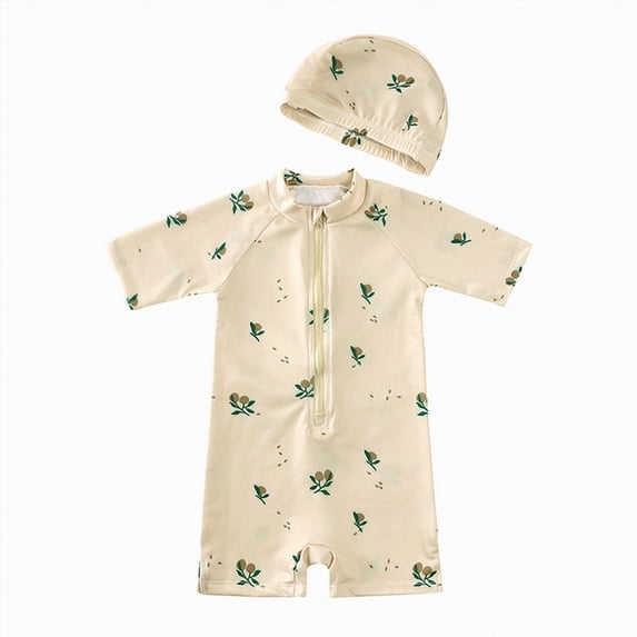 TOWED22 Toddler Baby Boy Swimsuit Shark/Turtle Short Sleeve One Piece Rash Guard Zip-up Bathing Suit Sunsuit Beachwear Beige,12-18 M