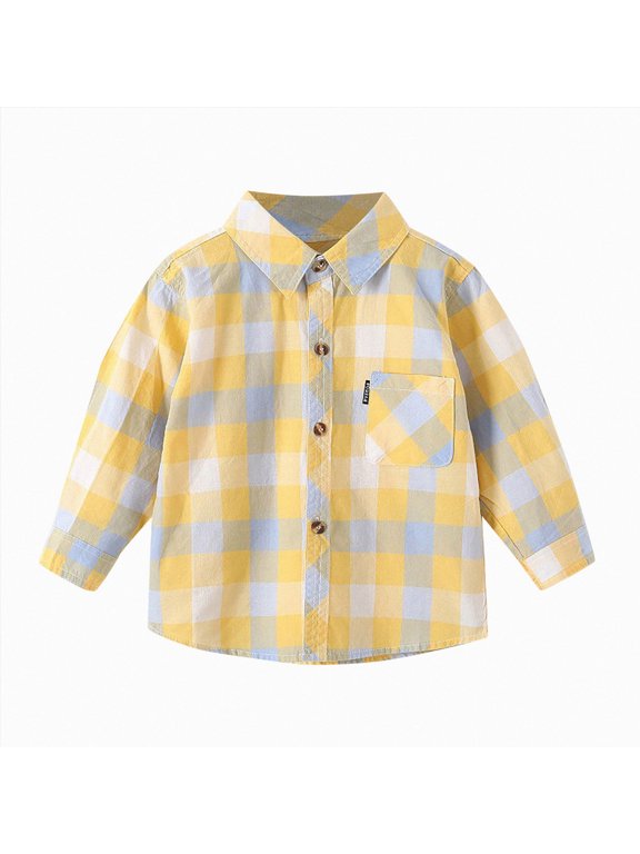 Toddler Baby Boys Plaid Flannel Shirt Long Sleeve Button Down Shirts Fur-Lined Jacket Shirt Winter Fall Tops Clothes,Light Yellow,12-14 Y