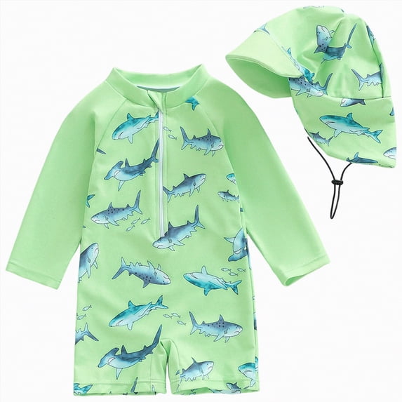 TOWED22 Toddler Baby Boys Seersucker Long Sleeve One Piece Rash Guard Swimsuit Zipper Bathing Suit Swimwear with Hat Green,6-12 M