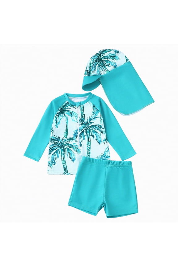 Toddler Baby Boys Seersucker Long Sleeve Swimsuit Trunks Bathing Suit Swimwear with Hat 3Pcs Rash Guard Set Blue,12-18 M