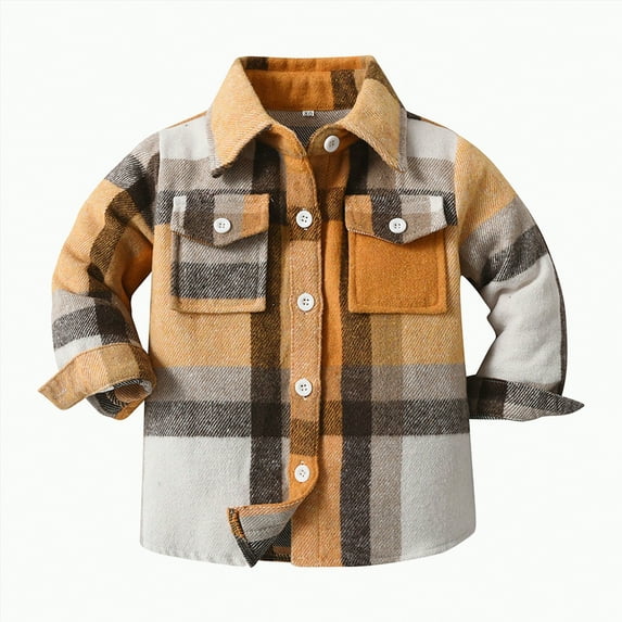 TOWED22 Toddler Baby Boys and Girls Plaid Shirts Jacket Long Sleeve Lapel Button up Shirt Top Outwear Clothes(Light Yellow,18-24 M)