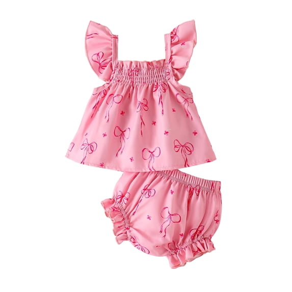 TOWED22 Toddler Baby Girl Clothes 6M-6Y Summer 2Pcs Outfits Sleeveless Square Neck Bow Top & Floral Shorts Set(Pink,3-6 M)