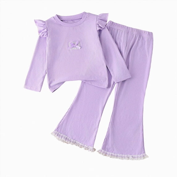 TOWED22 Toddler Baby Girl Clothes Fall Outfits Cartoon Graphic Long Sleeve Sweatshirt Tops + Pants Set,Purple,6 Y