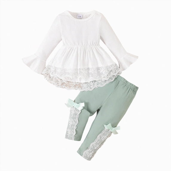 TOWED22 Toddler Baby Girl Clothes Outfit Long Sleeve Ruffle T Shirt Top Bell Bottom Pants Two Piece Fall Winter Outfits,Light Green,9-12 M