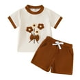 thumbnail image 1 of TOWED22 Toddler Baby Girl Clothes Outfits,Summer Ruffle Ribbed Flower T Shirt Shorts Set Clothes for Girls Brown,6-12 M, 1 of 5
