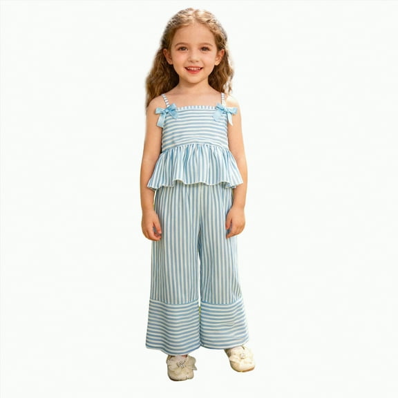 TOWED22 Toddler Baby Girl Clothes Sleeveless Tie-Up Ruffle Tops Linen Pants Set Infant Summer Outfits(Blue,2-3 Y)