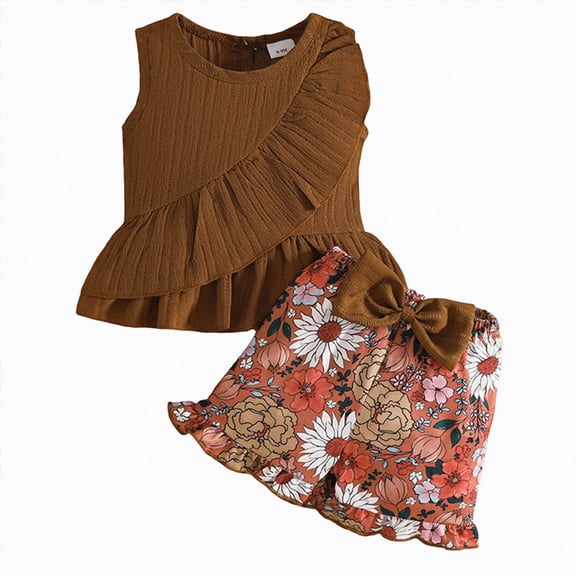 TOWED22 Toddler Baby Girl Clothes Summer Outfits Infant Sleeveless Ruffled Vest Top Shirts Cute Bow Short Sets 2Pcs(Coffee,9-12 M)