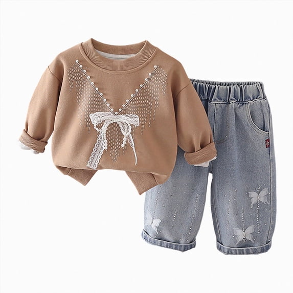TOWED22 Toddler Baby Girl Clothes Waffle Knit Floral Outfits Fall Winter Long Sleeve Shirt Pants 2 Piece Girls Clothing Sets,Khaki,4-5 Y