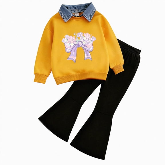 TOWED22 Toddler Baby Girl Fall Clothes Print Long Sleeve Shirt and Flare Pants Set Bell Bottom Outfits for Girls,Light Purple,2-3 Y