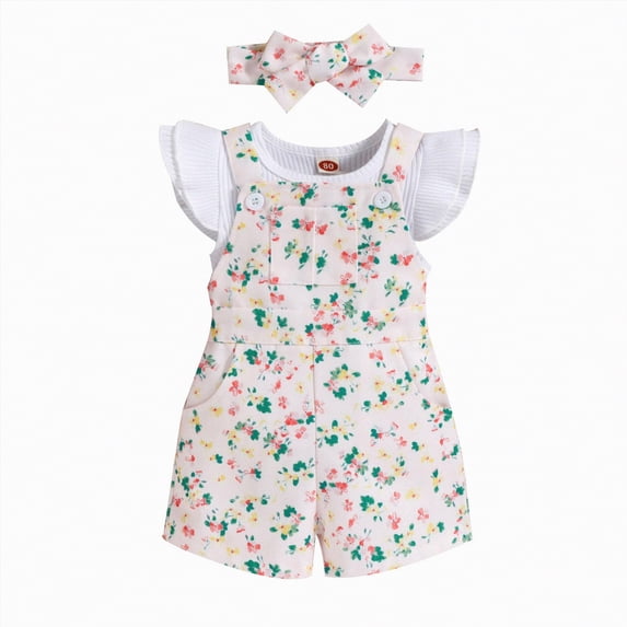 TOWED22 Toddler Baby Girl Floral Print Overalls Shorts with Pocket Suspender Trousers Cute Summer Clothing Outfit with Headband(Pink,9-12 M)