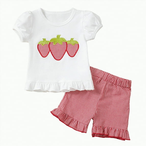 TOWED22 Toddler Baby Girl Outfit Newborn Girl Summer Clothes Short Sleeve T Shirt Checkerboard Top Set Elastic Waist Shorts(White,3-4 Y)