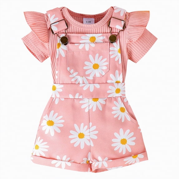 TOWED22 Toddler Baby Girl Outfit T-shirt Tops + Flower Print Suspender Overalls Shorts Summer 2Pcs Clothes(Pink,6-12 M)