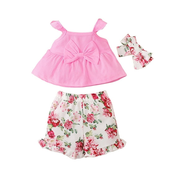 TOWED22 Toddler Baby Girl Outfits 12M-8Y 2 Piece Summer Set Flutter Sleeve Lace Trim Top & Floral Shorts(Pink,9-12 M)