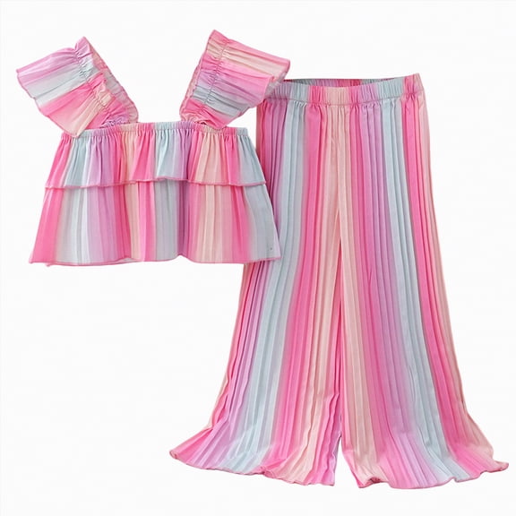 TOWED22 Toddler Baby Girl Outfits 2 Piece Sleeveless Lace Hollow Out Top Flared Wide Leg Pants Clothes Set(Multicolour,7-8 Y)